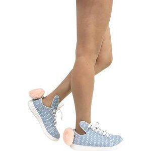 NWT / NIB Qupid blue denim-like bunny ear lace up faux fur pom pom sneakers